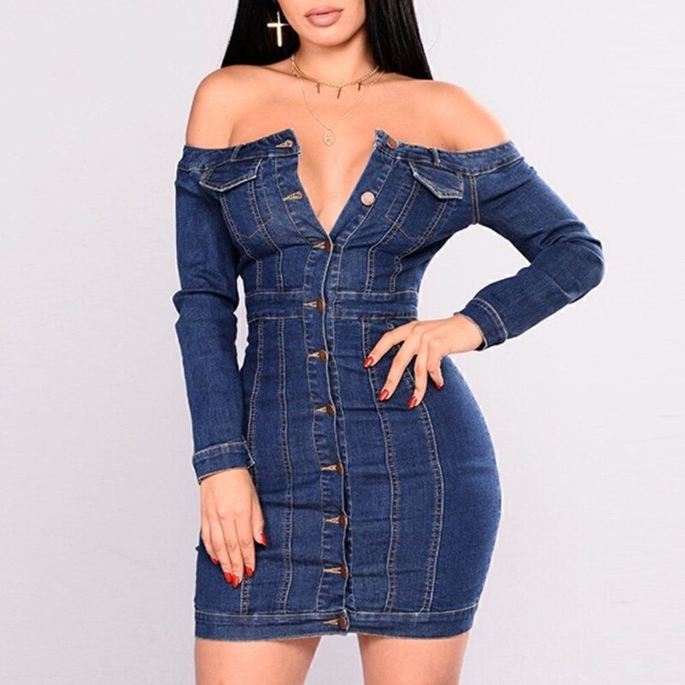 Jean Dress sexy off the shoulder button front fitted pocket detail